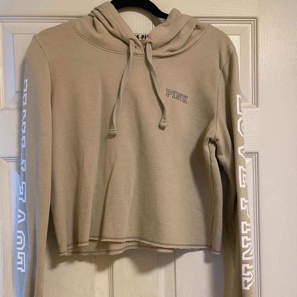 Light grayish green cropped hoodie.